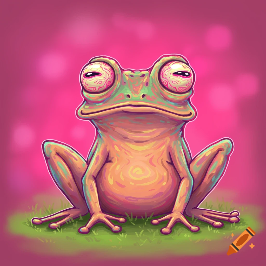 Digital illustration of a frog with bloodshot, droopy eyes sitting on grass.
