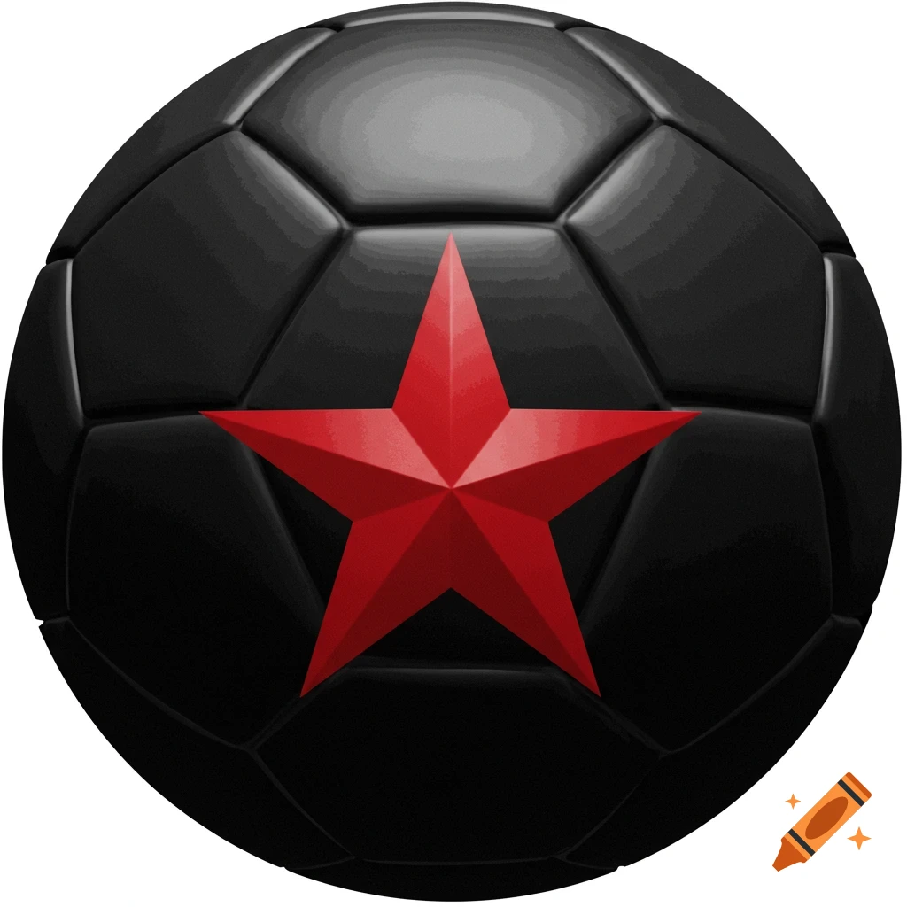 A black soccer ball with a red star in the center on a white background.