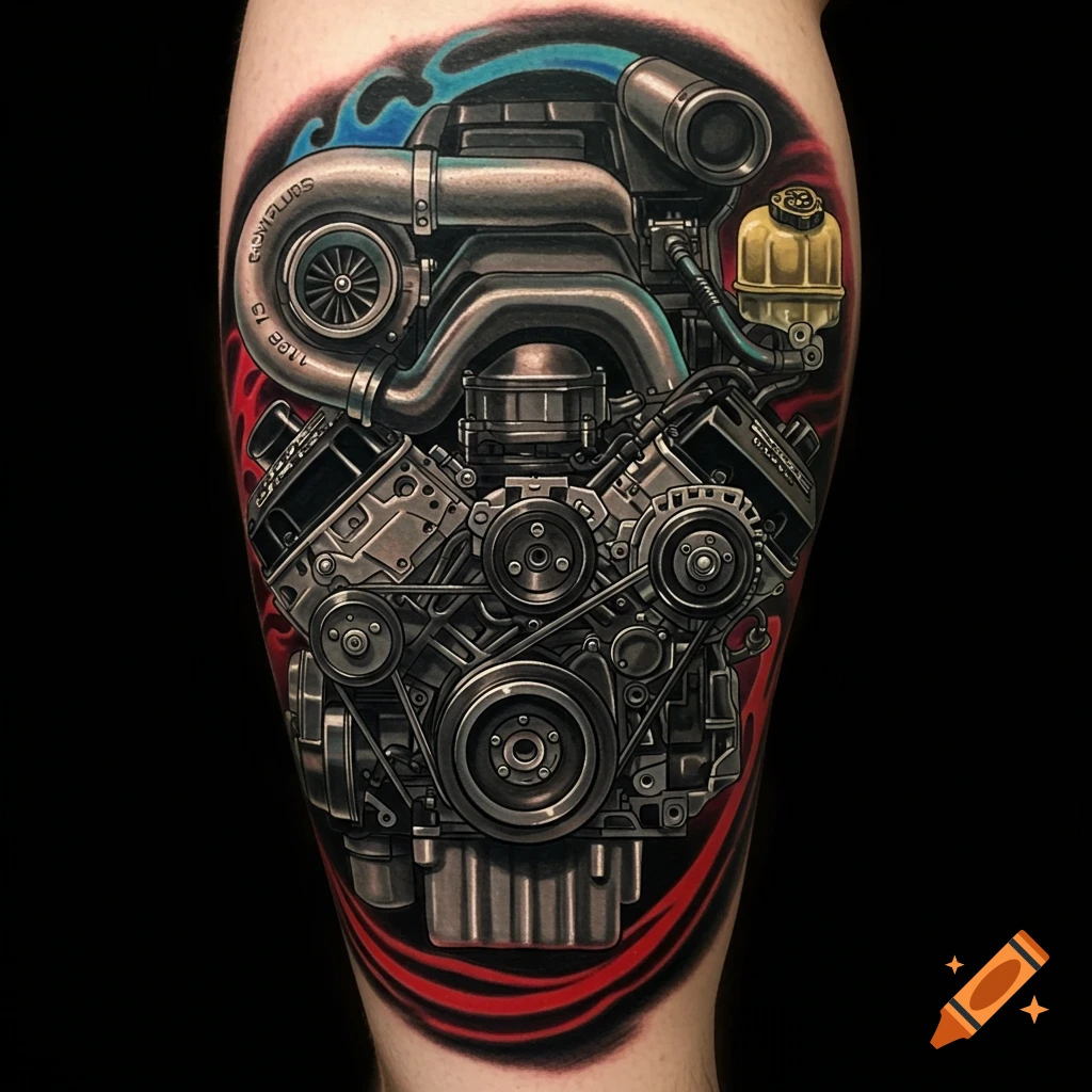 Realistic tattoo of a detailed car engine with a turbocharger and colored background accents on a leg.