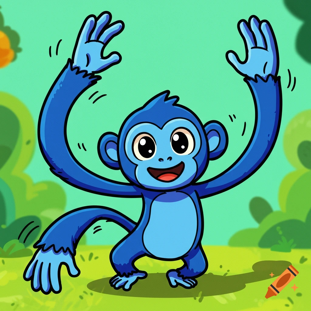 A cartoon blue monkey with its arms raised in a jungle setting.