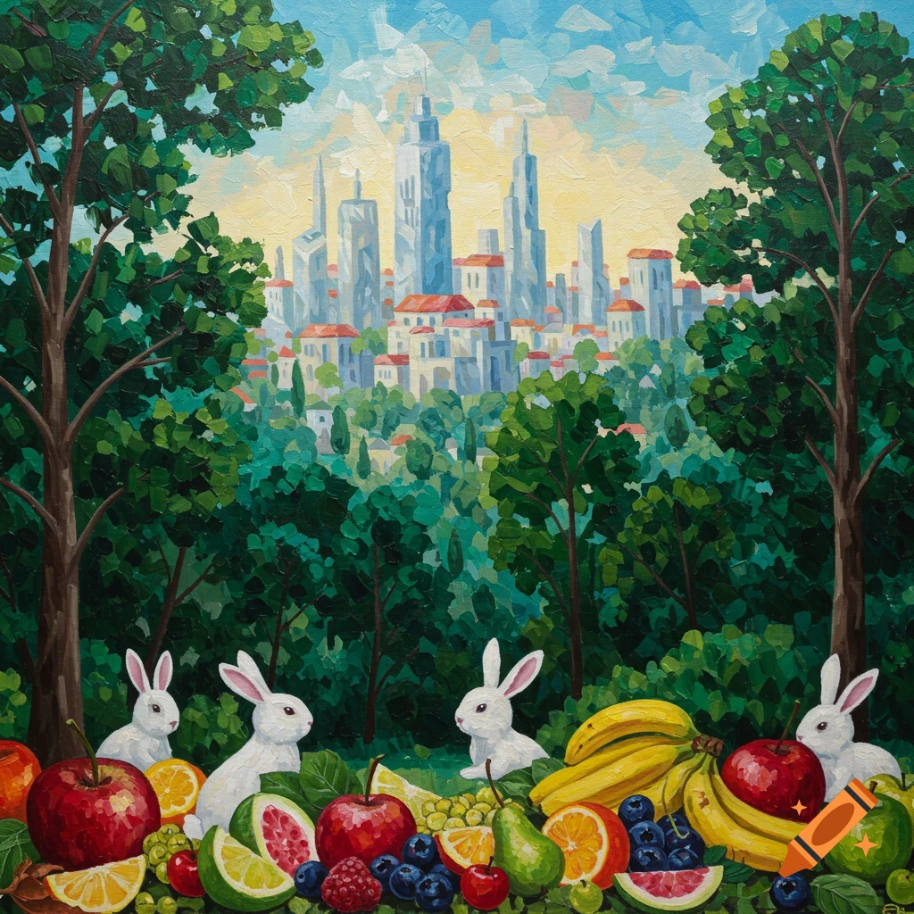 Impressionistic painting of bunnies and fruit in a forest foreground, with a city visible through the trees.