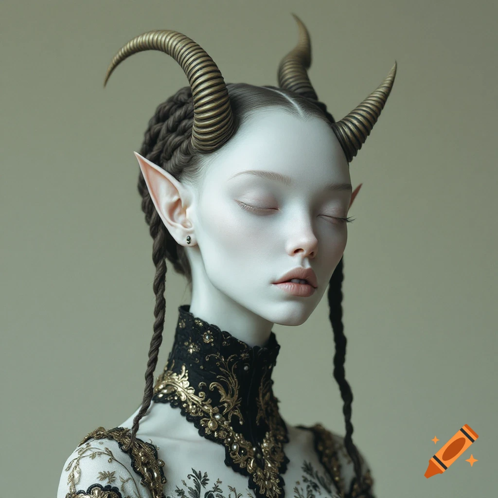 Portrait of a fantasy creature with horns and pointed ears wearing ornate clothing.
