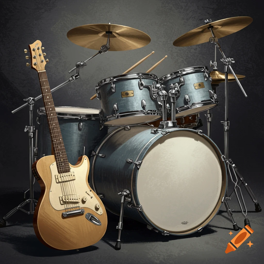 A drum set and guitar are positioned side-by-side.
