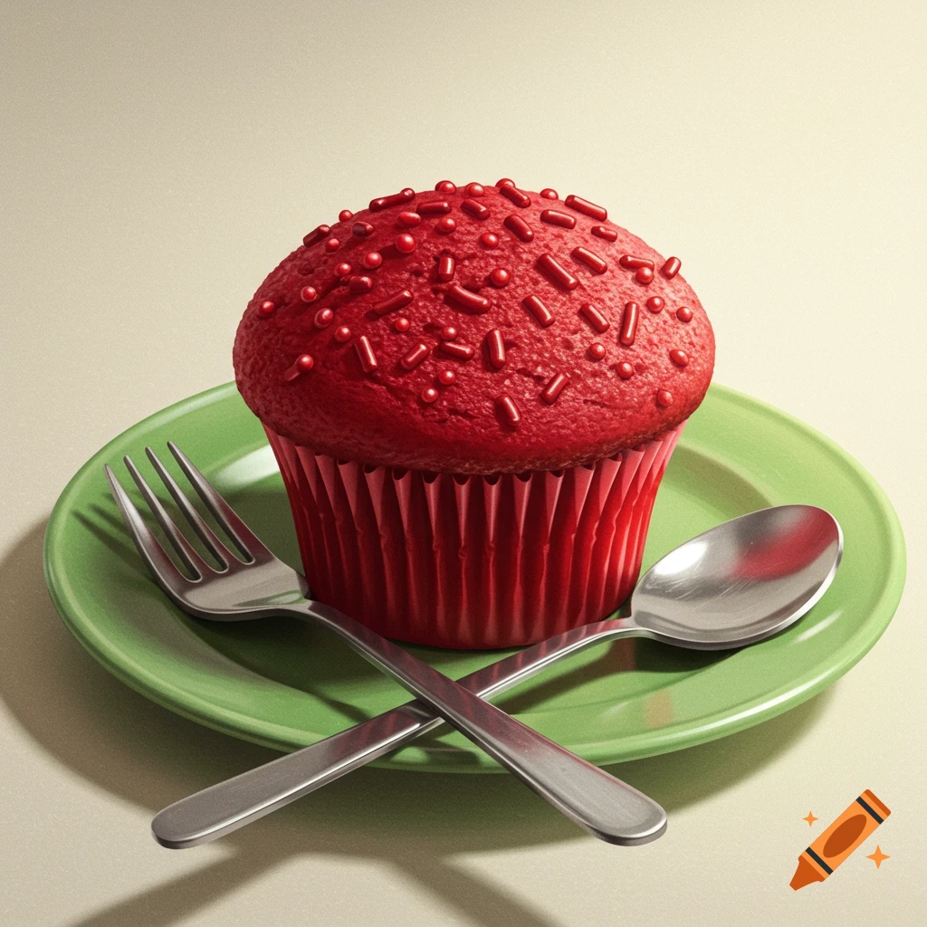 A vibrant red cupcake covered in red sprinkles sits on a green plate with a fork and spoon crossed in front.