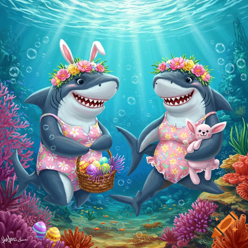 Two cartoon sharks in bunny ears and floral dresses underwater celebrating Easter with eggs and a plush bunny.