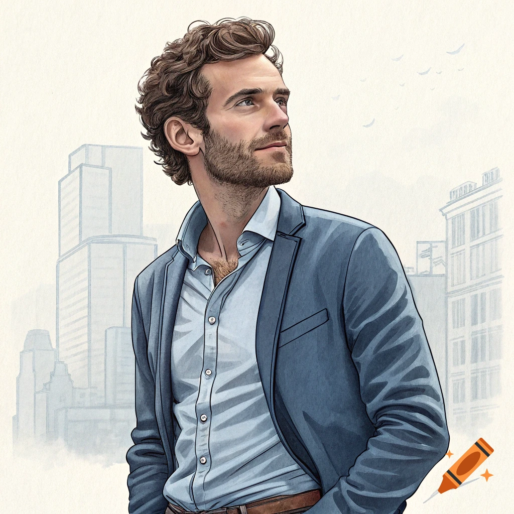 An illustration of a man in a suit looking up, with blurred city buildings in the background.
