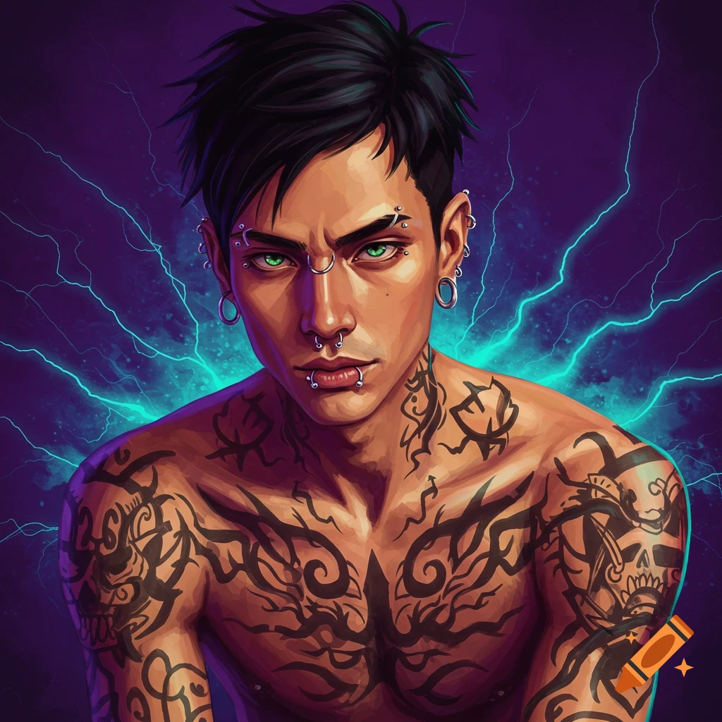 A man with black hair, green eyes, tattoos, and piercings against a lightning background.