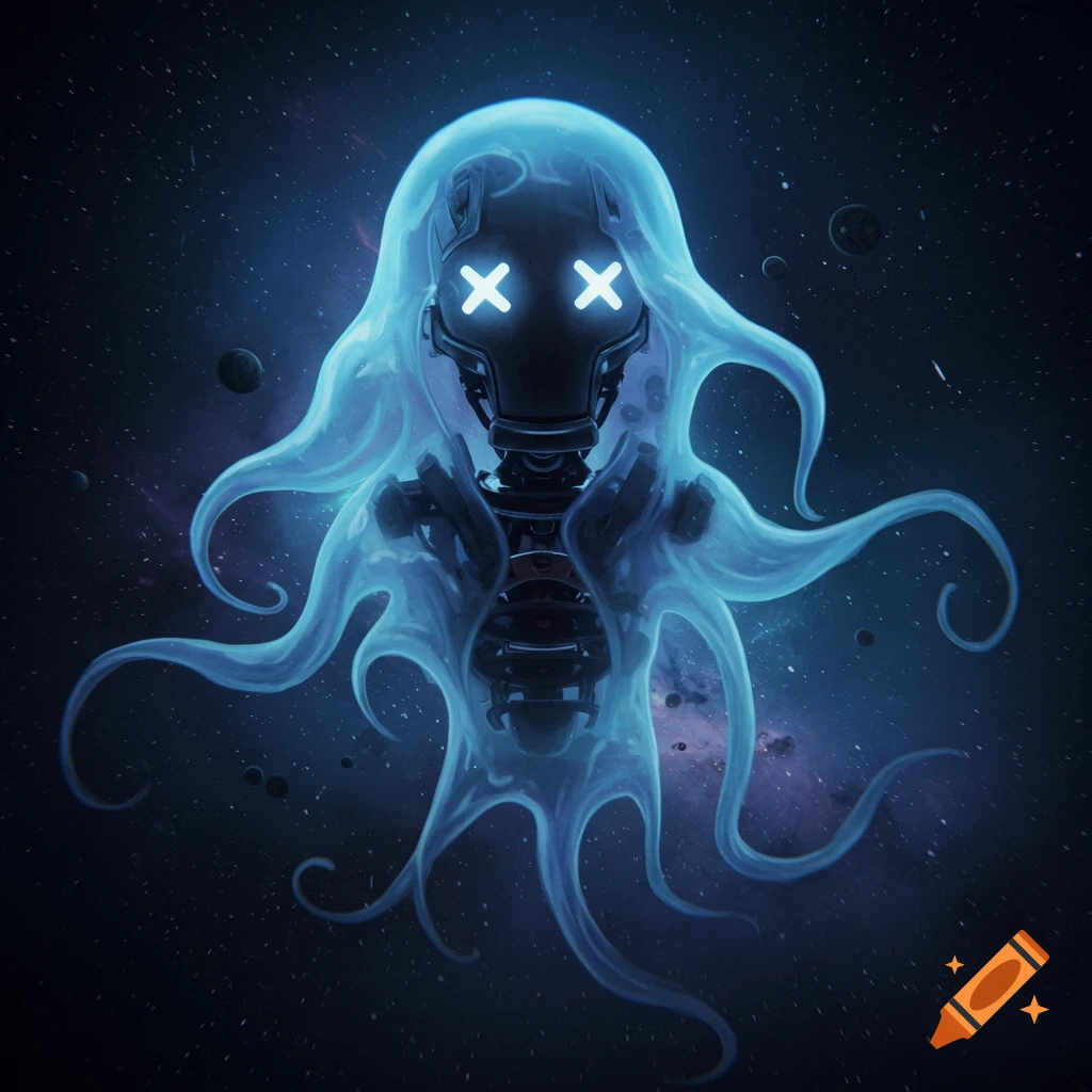 A glowing blue ghostly robot creature with tentacle-like arms floats in space among stars and planets.