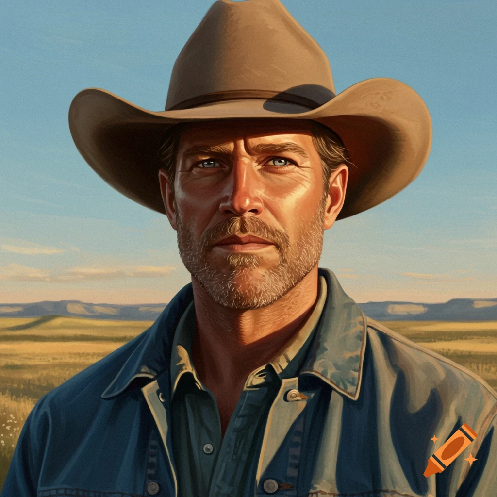 A man wearing a cowboy hat stands against a landscape background.