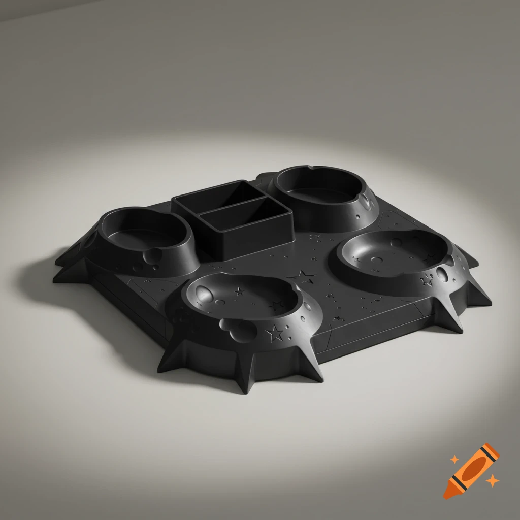 Matte black futuristic desk organizer with crater and star shaped compartments.
