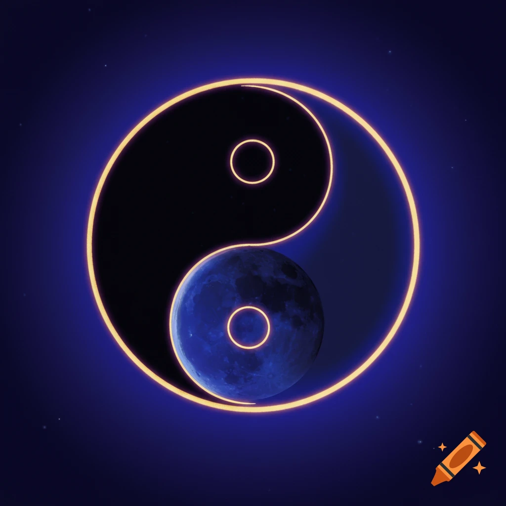 A glowing orange-lined yin yang symbol with a blue textured sphere inside the dark section, against a dark blue starry background.