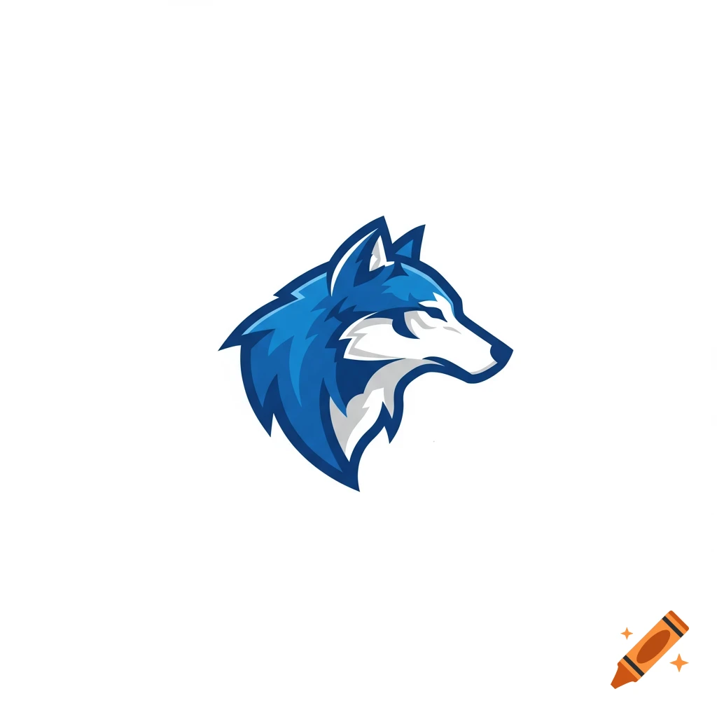 A blue and white stylized wolf head logo.