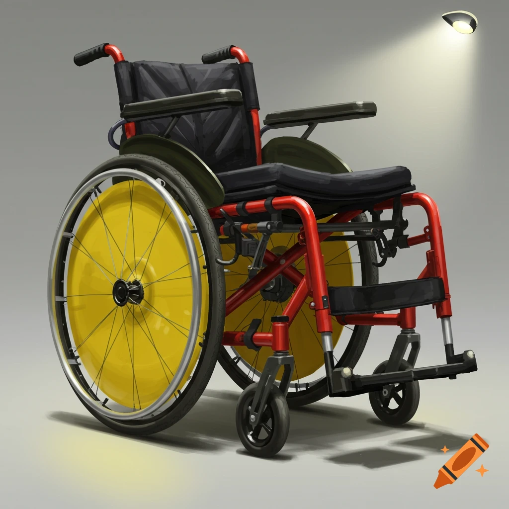 A red wheelchair with large yellow wheels under a spotlight.