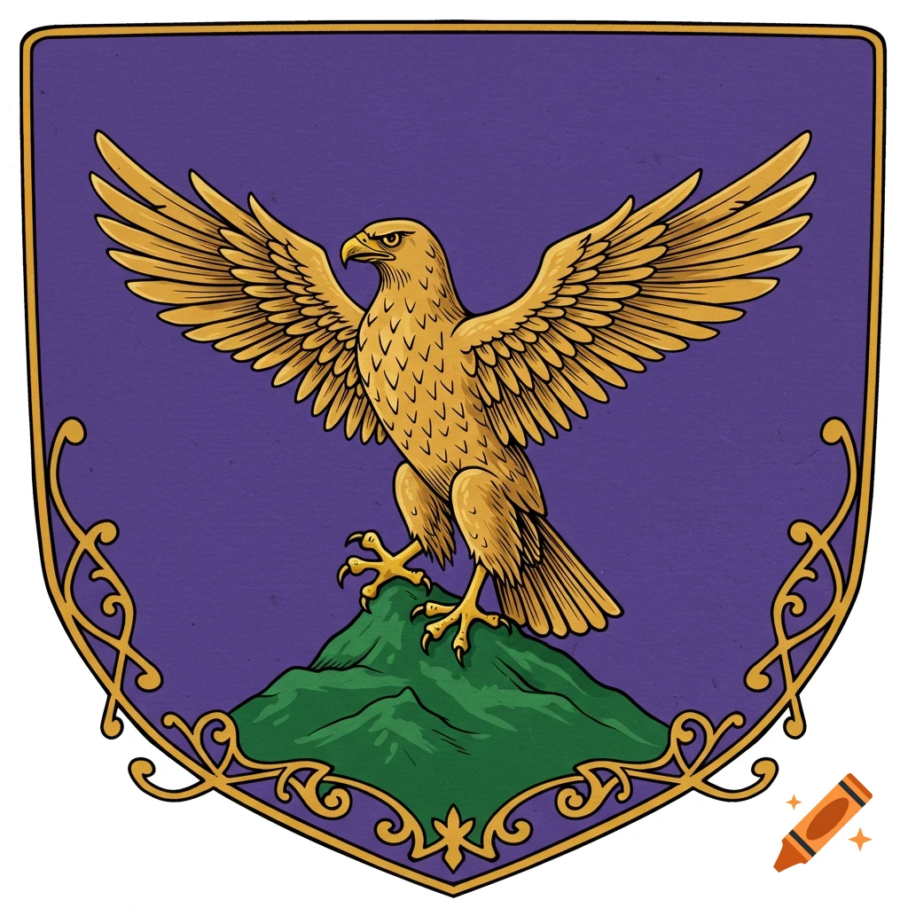 A coat of arms with a golden hawk standing on a green mountain against a purple background, bordered by golden scrollwork.