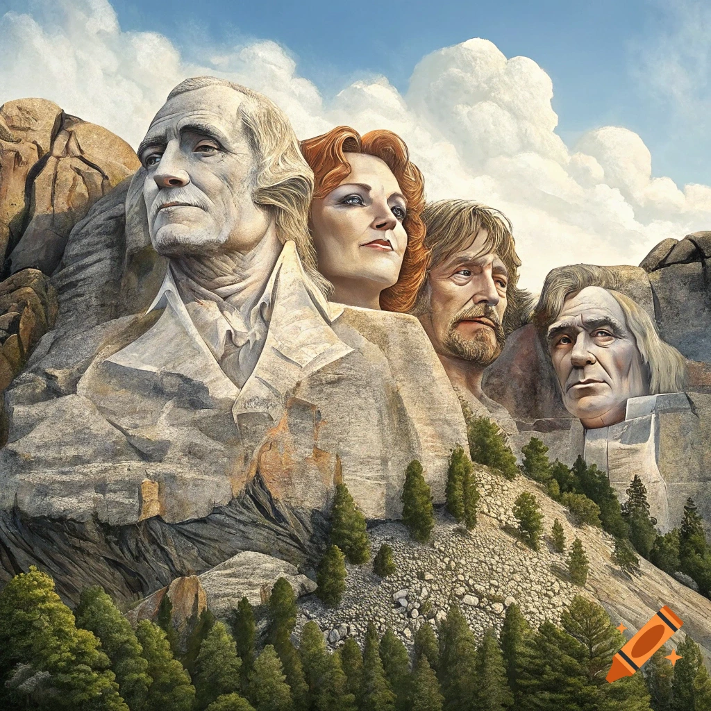 Faces of Willie Nelson, George Strait, Johnny Cash, and Reba McEntire carved into a mountain like Mount Rushmore.