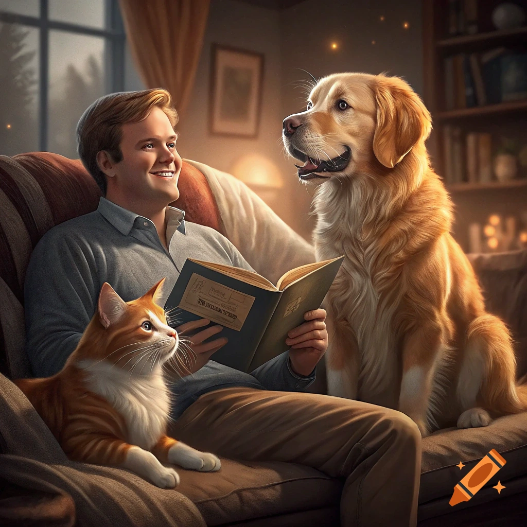 A man sits on a couch reading a book with an orange cat and a golden retriever.