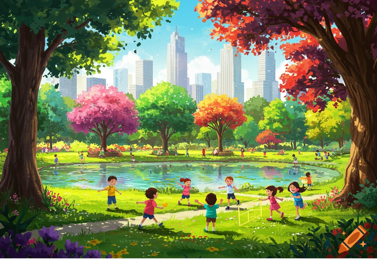 Children playing in a vibrant city park with trees, lake, and skyline.