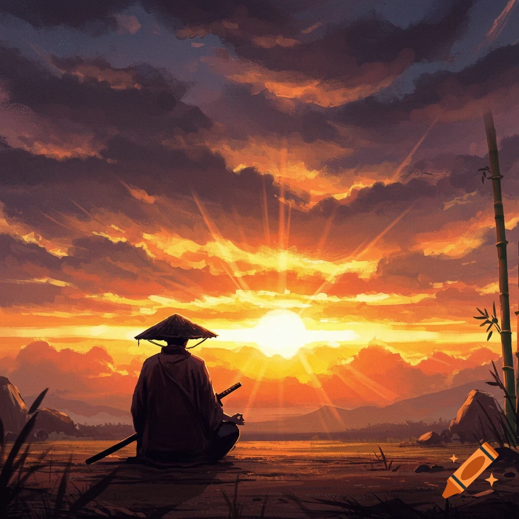 A figure in a conical hat meditates before a dramatic sunset and stormy sky.