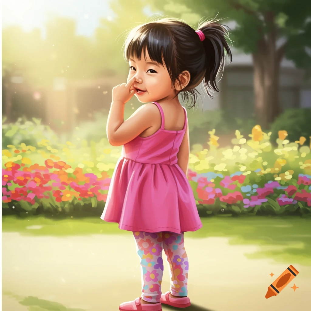 Whimsical image of a young girl picking her nose in a sunny garden.
