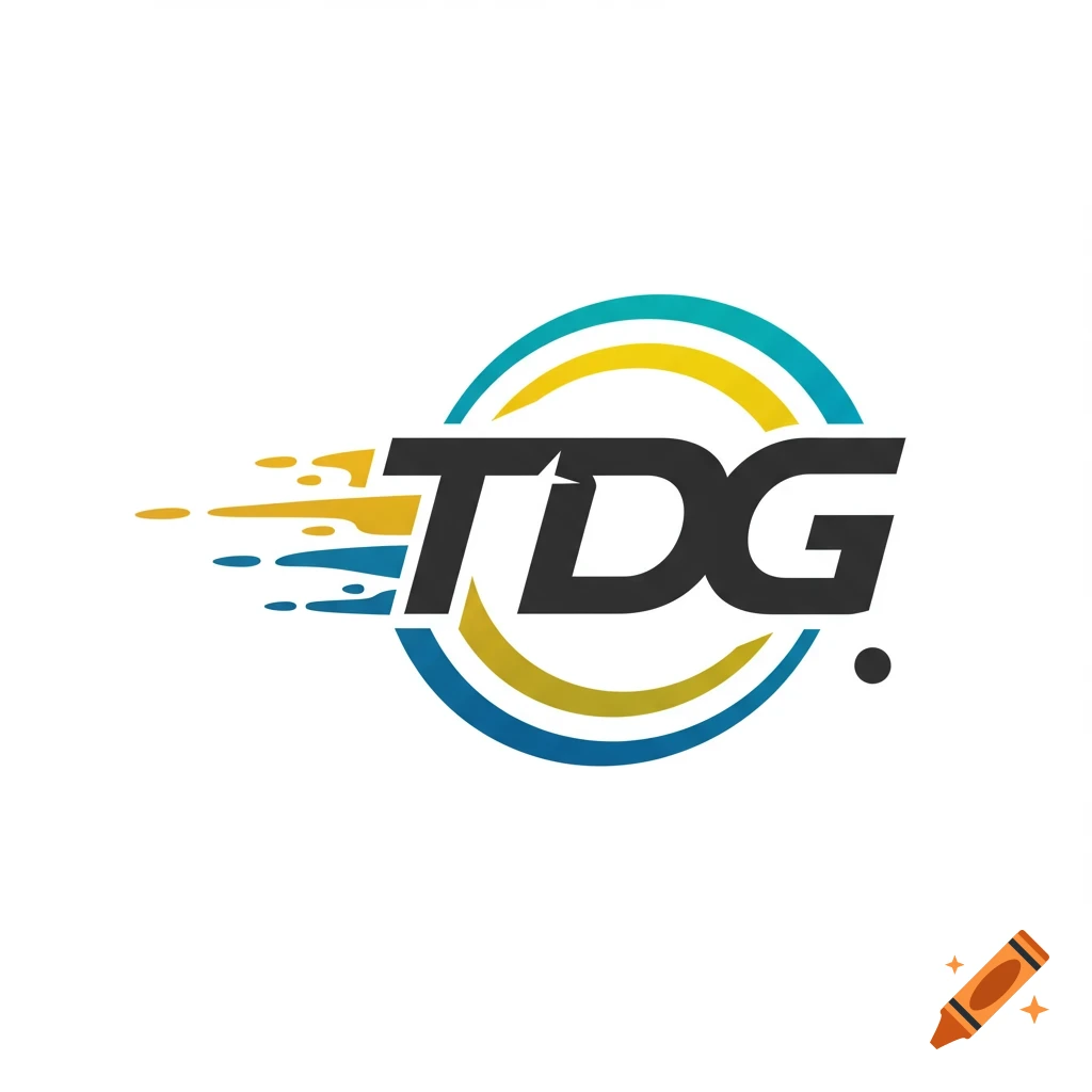 Logo for TDG with speed lines and a curved graphic resembling a disc path.