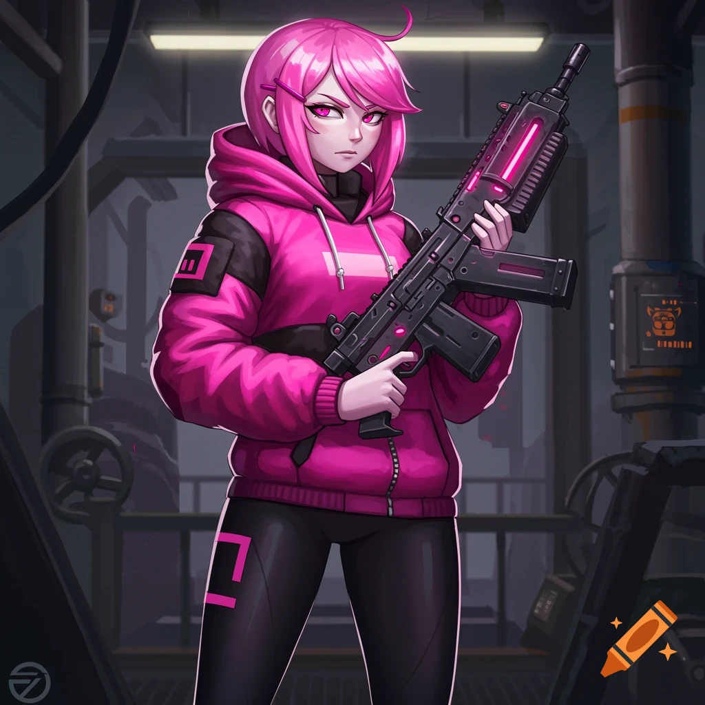 Anime character with pink hair, pink hoodie, and black leggings holds a large weapon in an industrial setting.