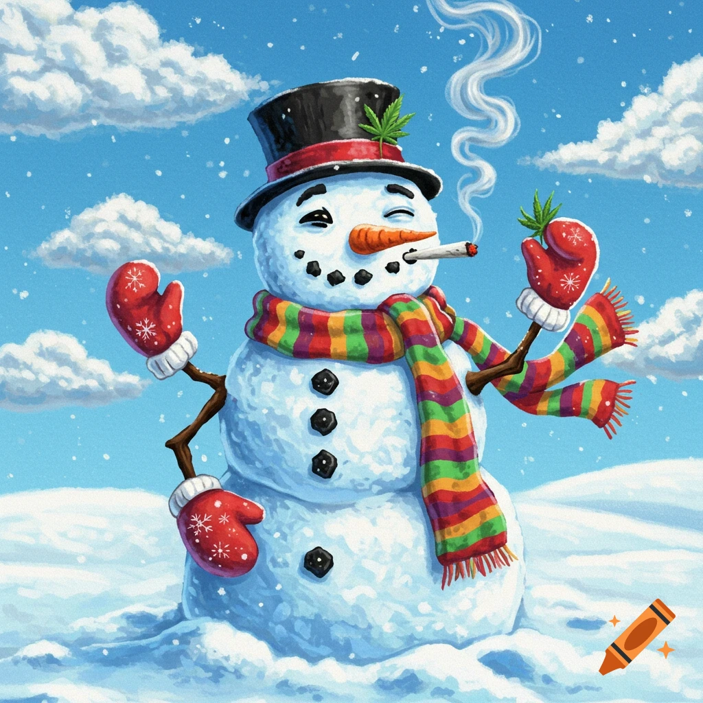 Painting of a snowman smoking and holding a marijuana leaf in the snow.
