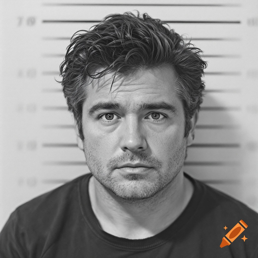 Grayscale close-up portrait of a man against a mugshot height scale