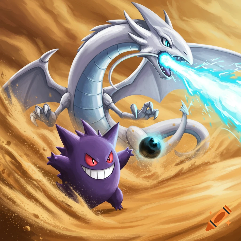 Gengar battling Blue-Eyes White Dragon in a sandstorm