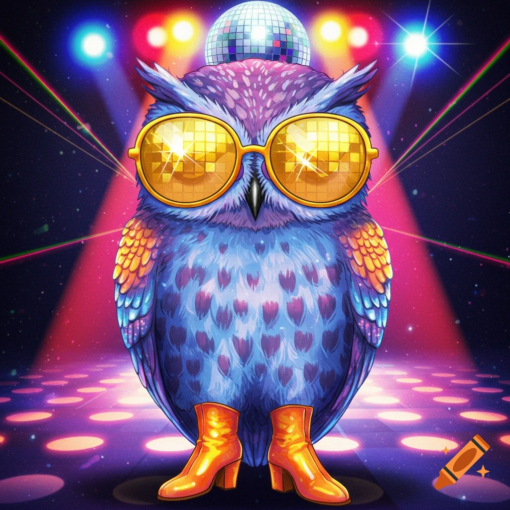 Stylized disco owl with sunglasses and boots on a dance floor under disco lights.