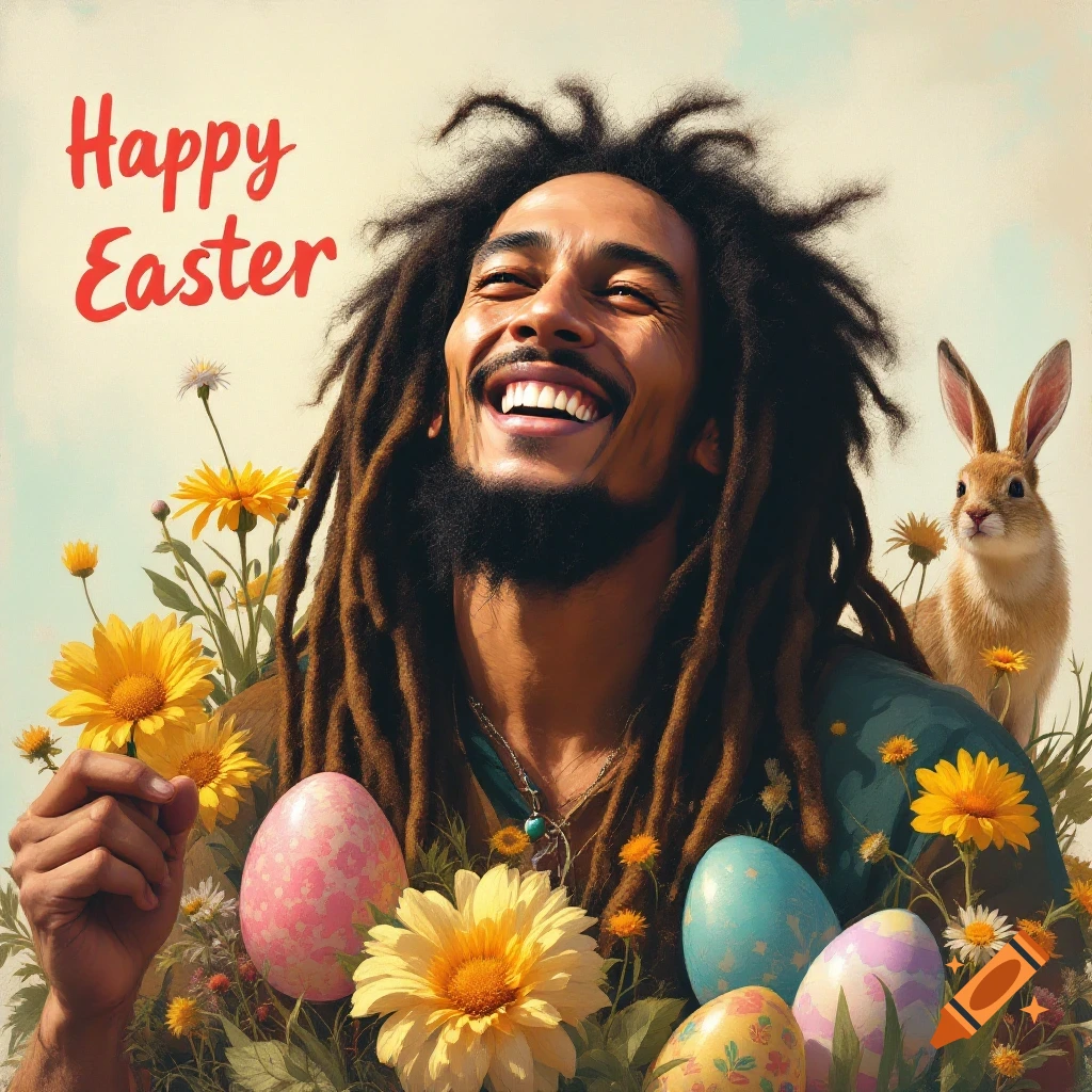 Person resembling Bob Marley with dreadlocks, laughing amidst Easter eggs, flowers, and a bunny, with 'Happy Easter' text.