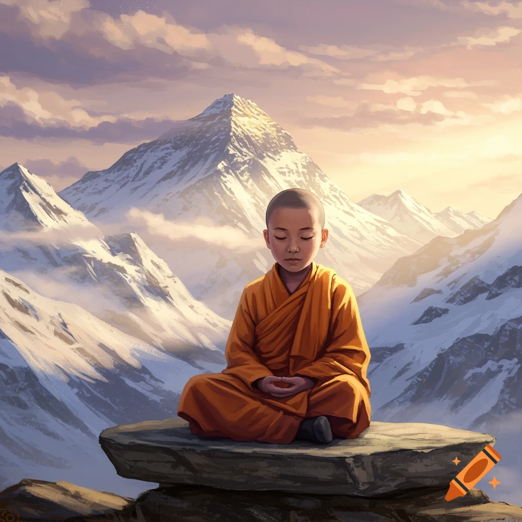 A young Buddhist monk meditating on a rock in snowy mountains at sunset.