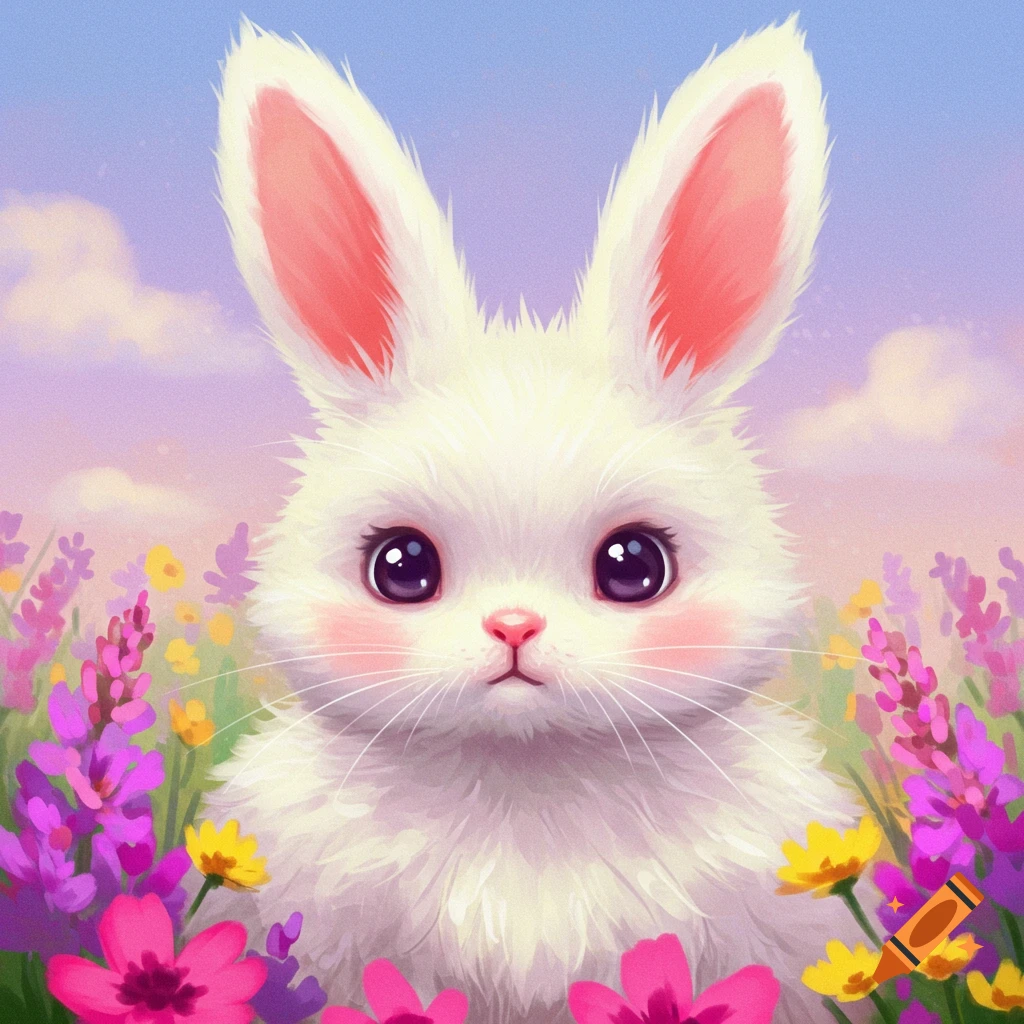 A cute white bunny in a field of purple and yellow flowers.