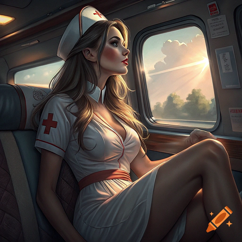 A woman in a nurse uniform sits in a train seat, looking out the window at sunset.
