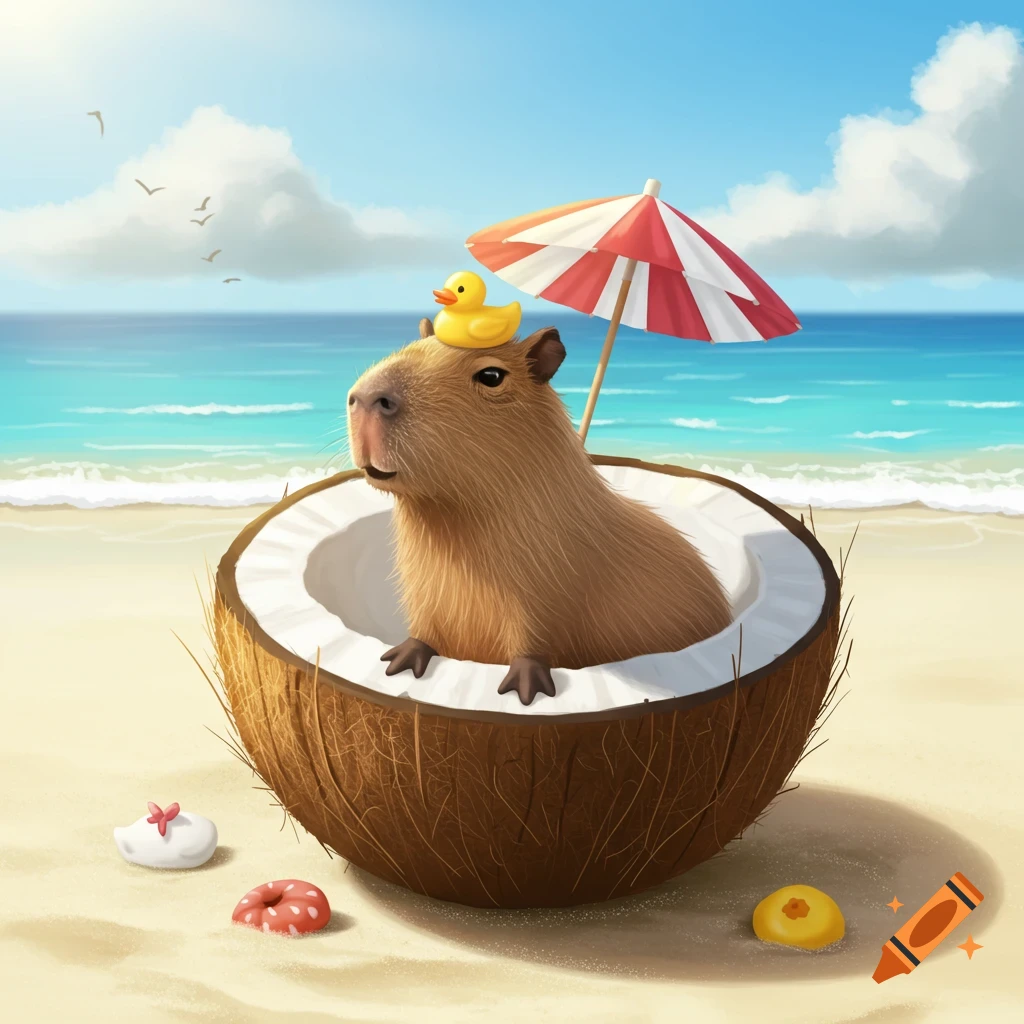A capybara sitting in a coconut on a beach, wearing a rubber ducky and mini umbrella on its head.