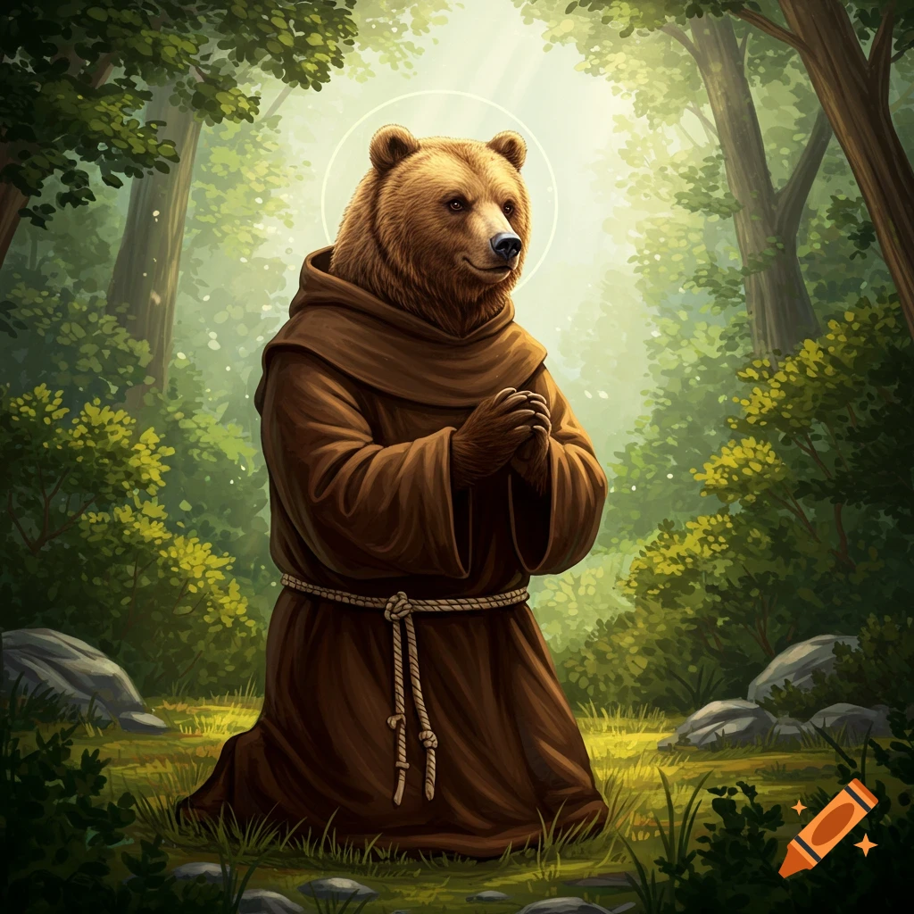 A bear dressed as a friar kneeling and praying in a forest.