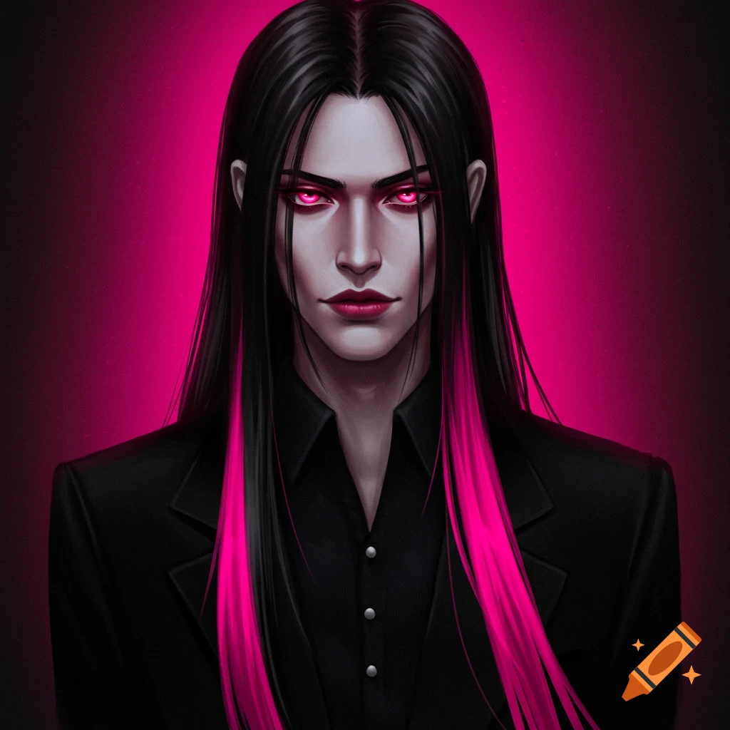 A person with long black hair with pink streaks and glowing red eyes wearing a black suit