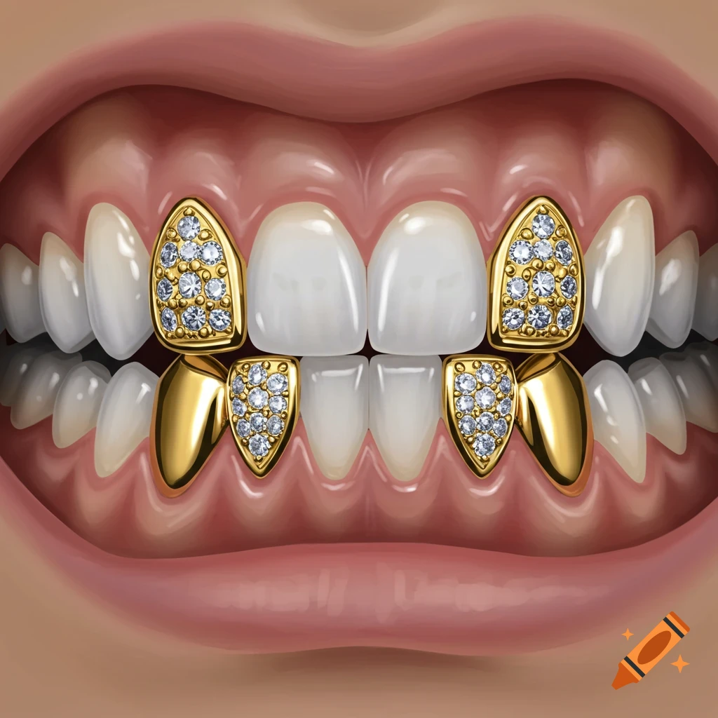 Close-up of a mouth with gold and diamond grillz on the teeth.