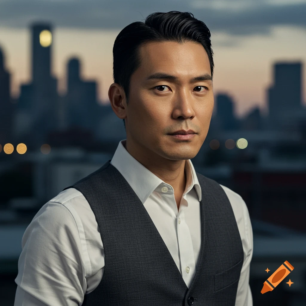 Portrait of a man in a vest against a city skyline at dusk.