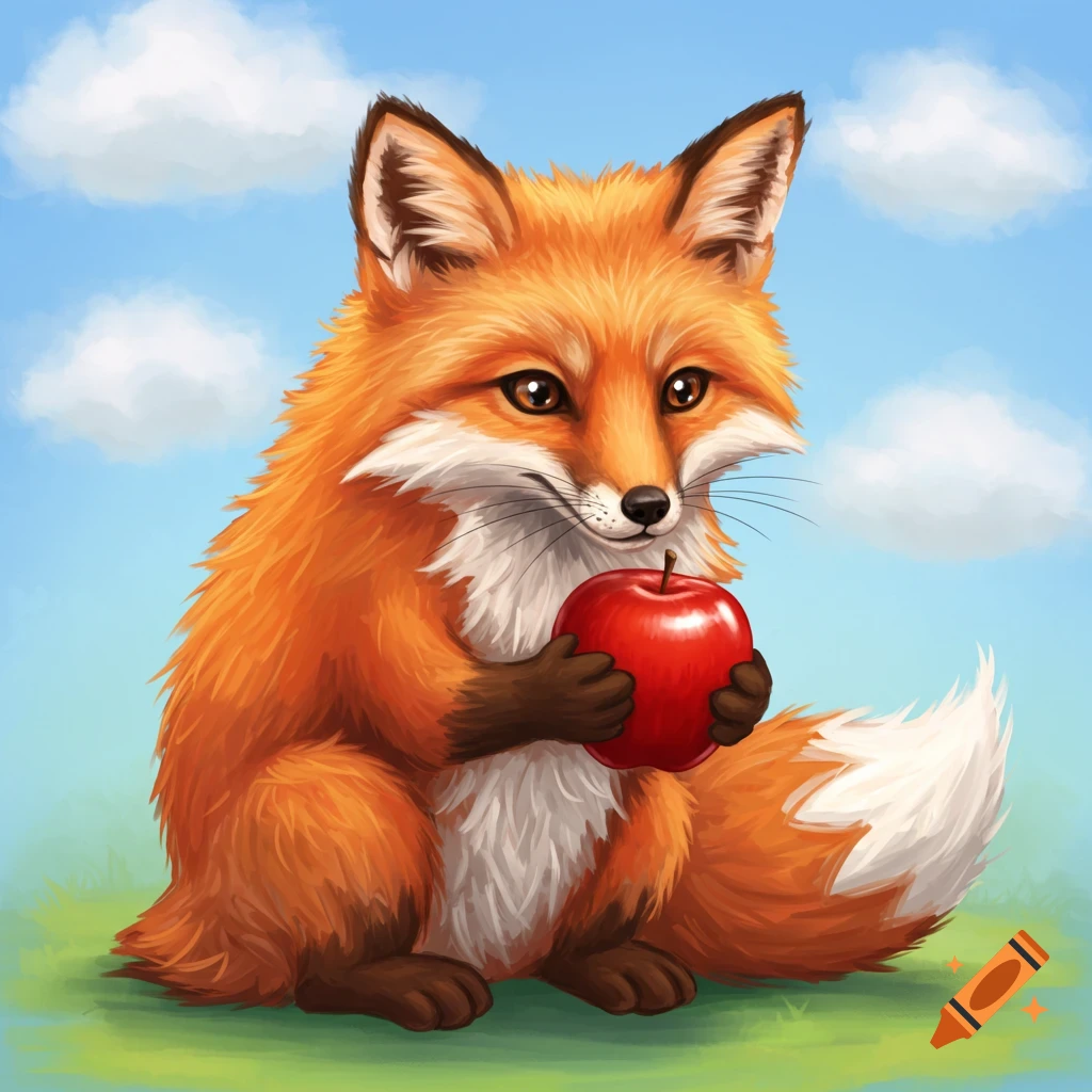 A cute fox sitting and holding a red apple