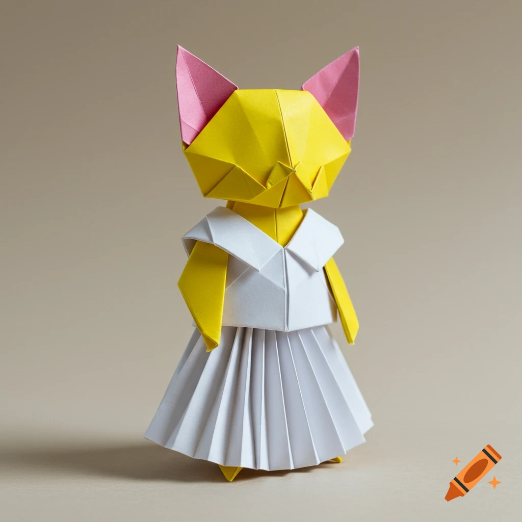 A yellow origami cat figure with pink ears wears a white dress.