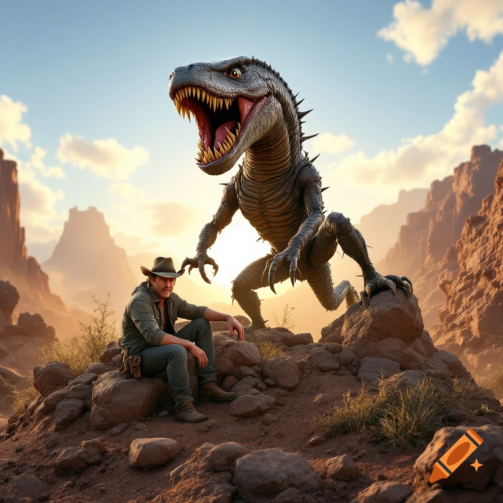 A man sits on rocks facing a large, toothy monster in a desert canyon at sunset.