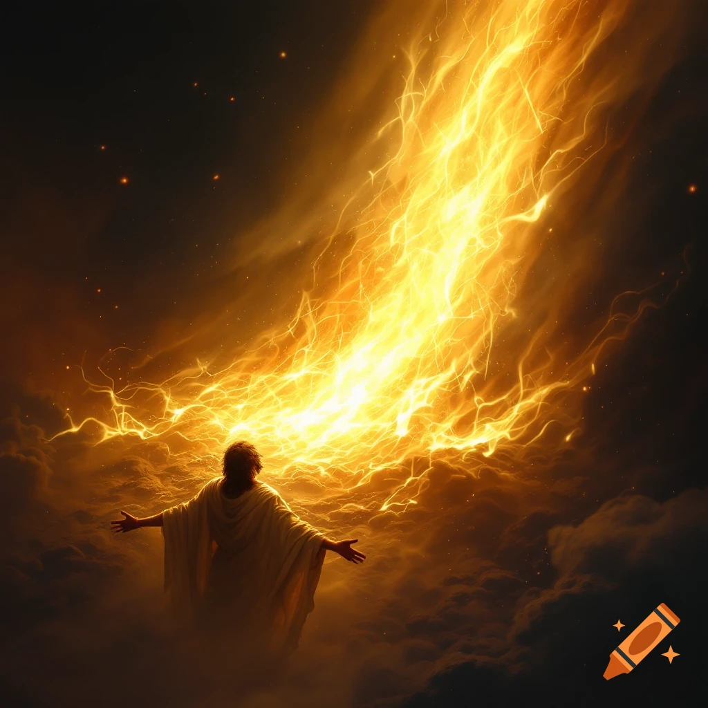 A robed figure in clouds reaches toward brilliant golden light descending from the sky.
