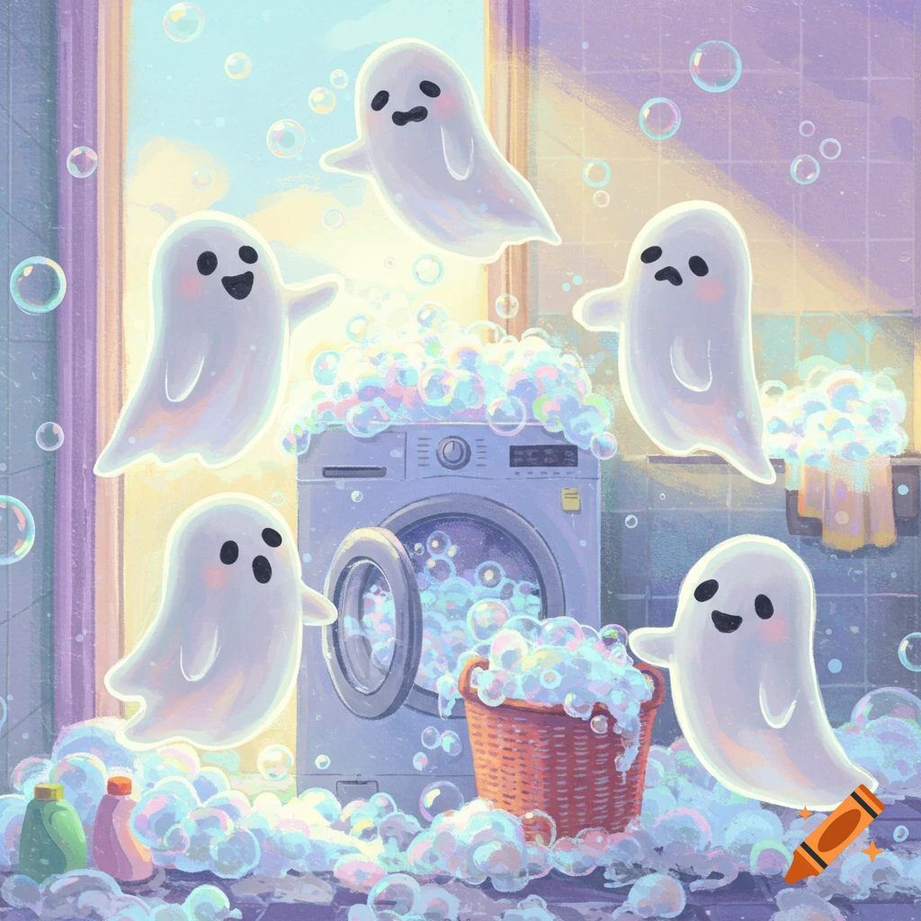 Five cute cartoon ghosts surrounded by bubbles doing laundry in a pastel image.