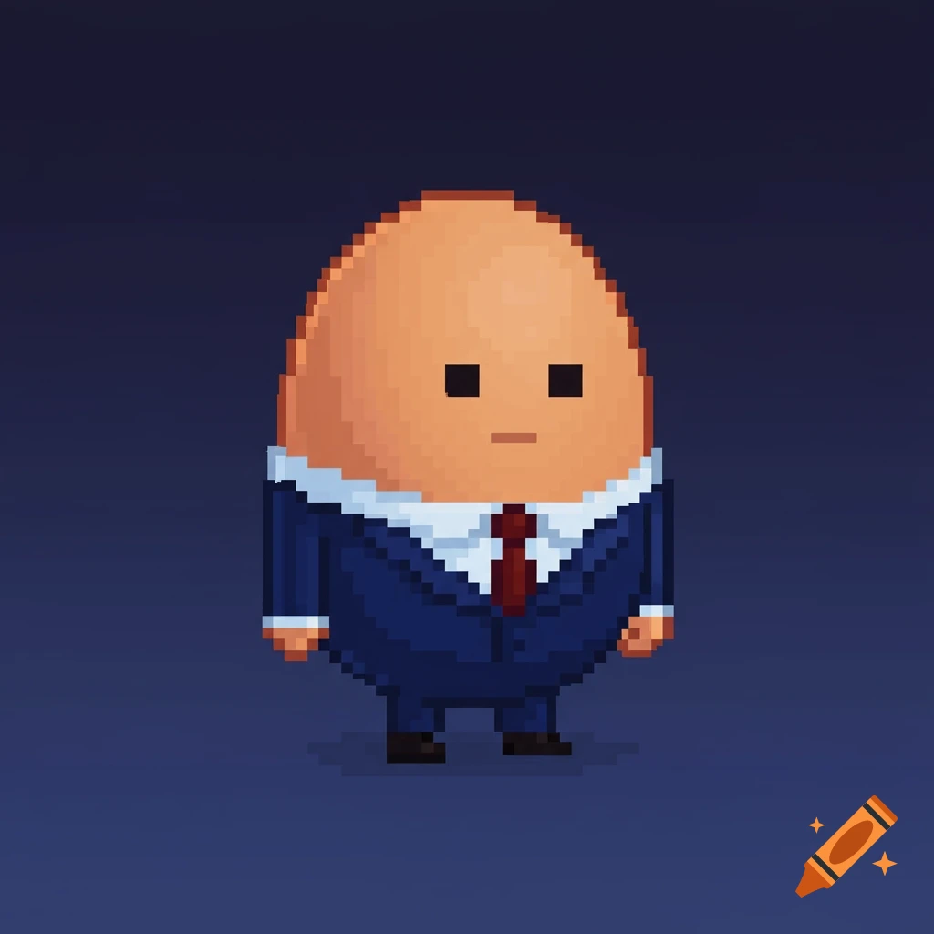 Pixel art character of an egg wearing a blue suit and red tie.