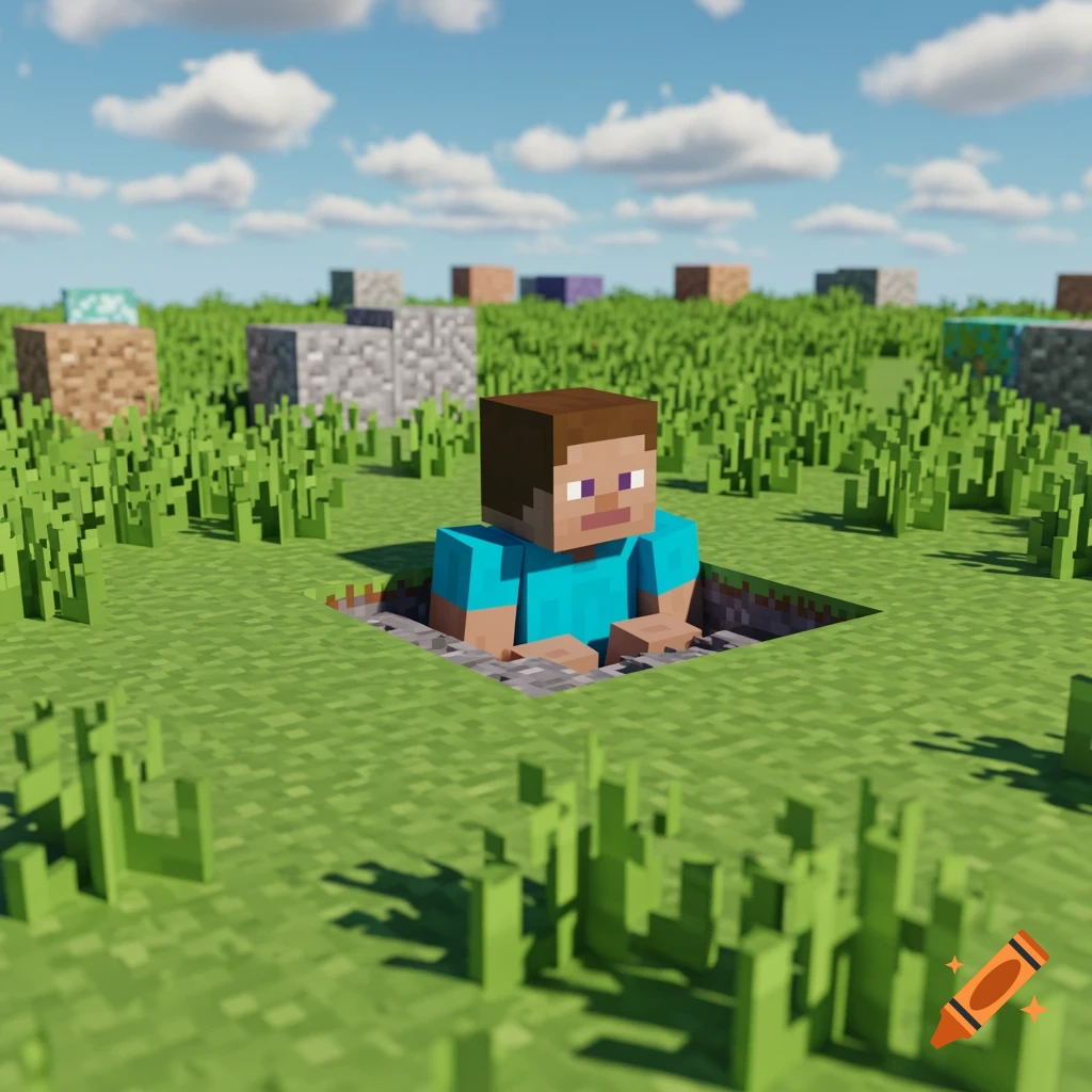 Minecraft Steve is stuck in a one-block hole in a grassy field with blocks under a cloudy sky.