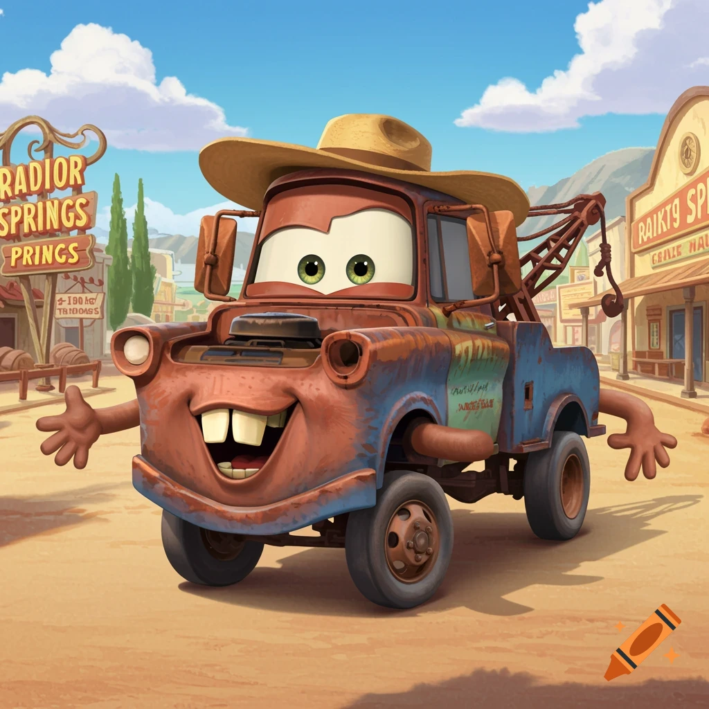 Cartoon Tow Mater from Cars with arms and legs instead of wheels, wearing a hat and smiling in Radiator Springs.