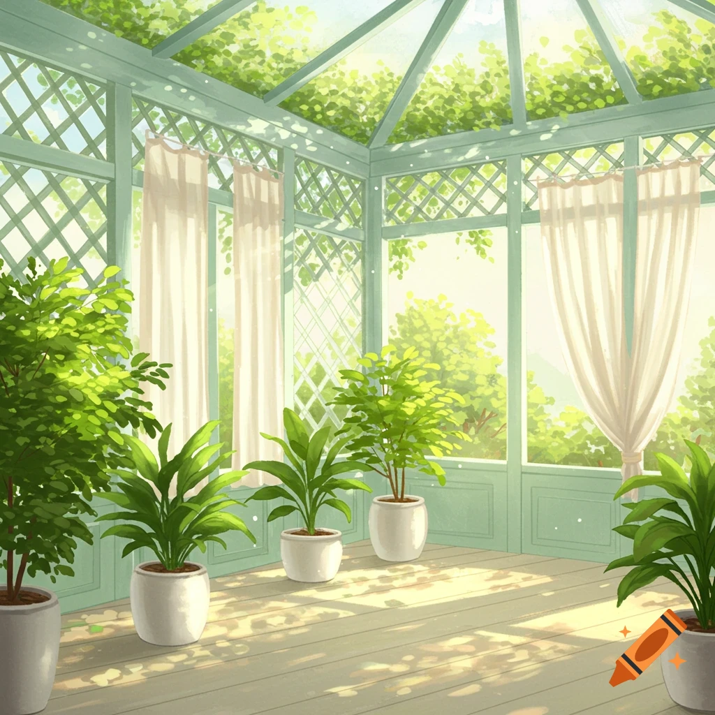 A sunny sunroom conservatory with many potted plants and white curtains.