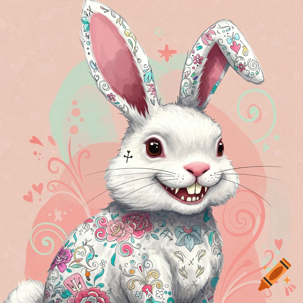 A white Easter bunny covered in colorful floral and symbolic tattoos.