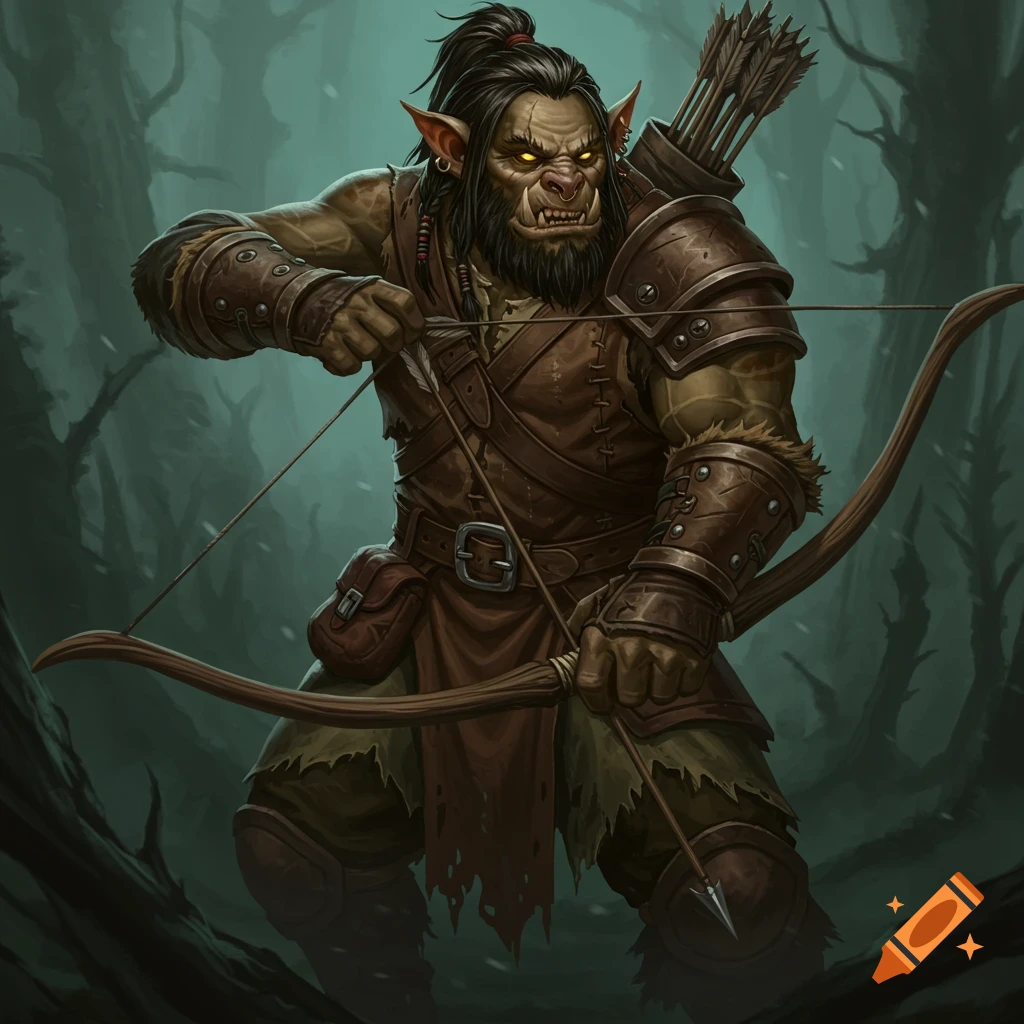 A fantasy archer drawing a bow in a forest.