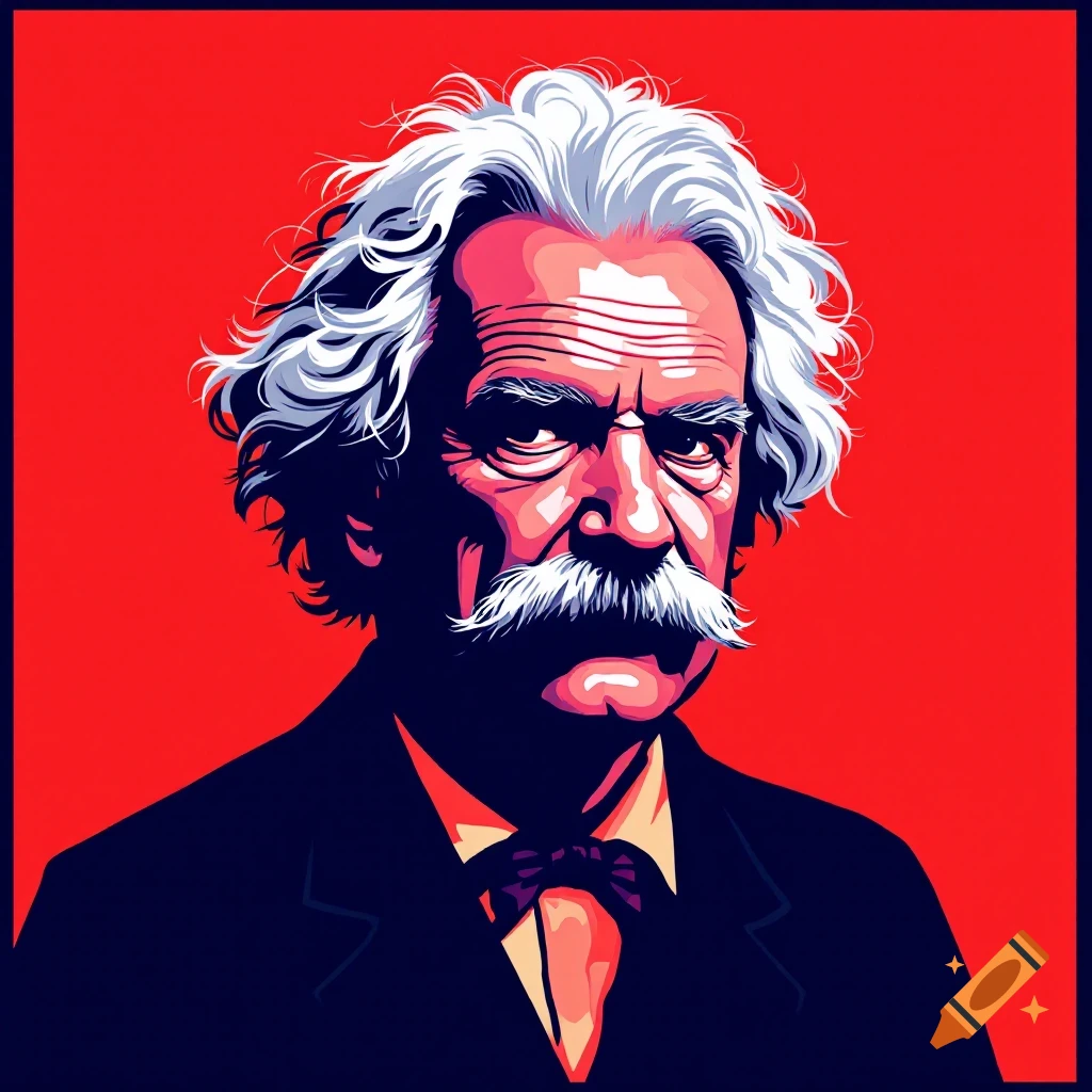Pop art portrait of Mark Twain against a red background